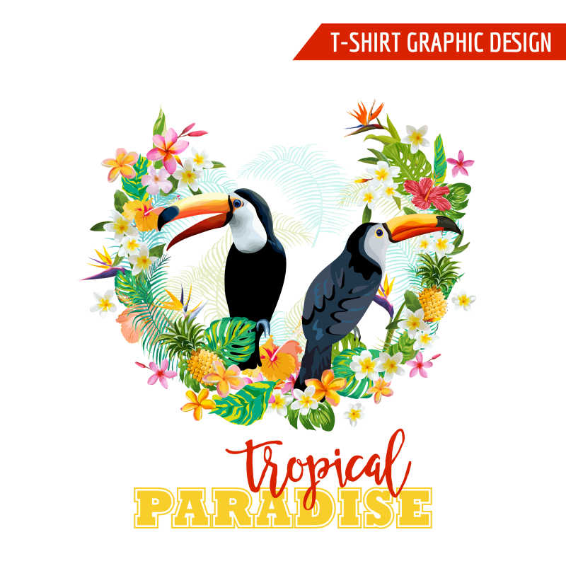 巨嘴鸟和热带花卉的矢量图标设计