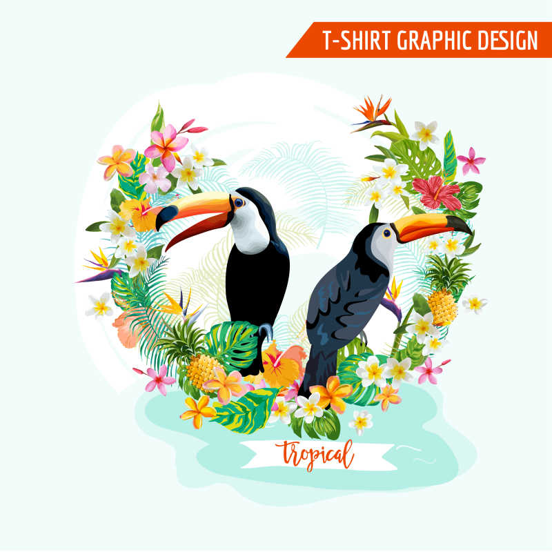 热带巨嘴鸟和花朵的矢量图标设计 