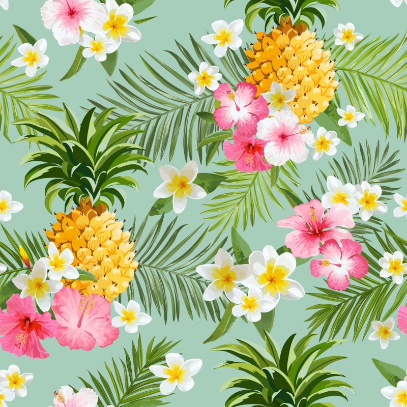 热带花卉和菠萝背景矢量插画