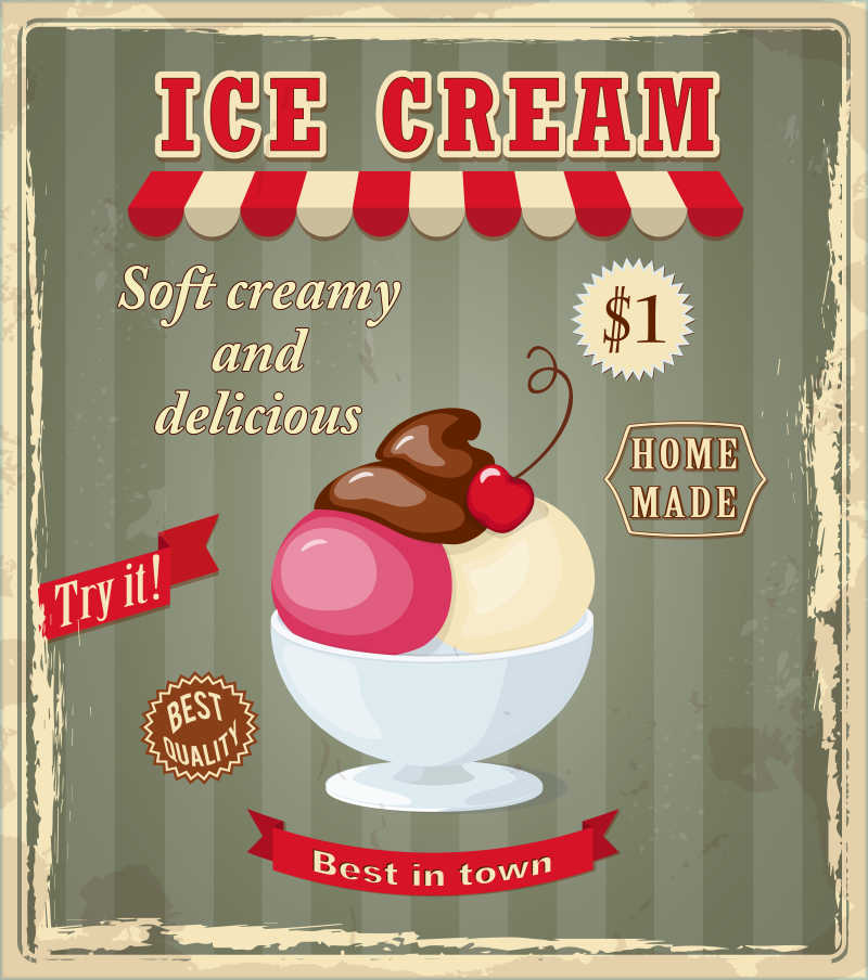 老式冰淇淋宣传海报矢量插图