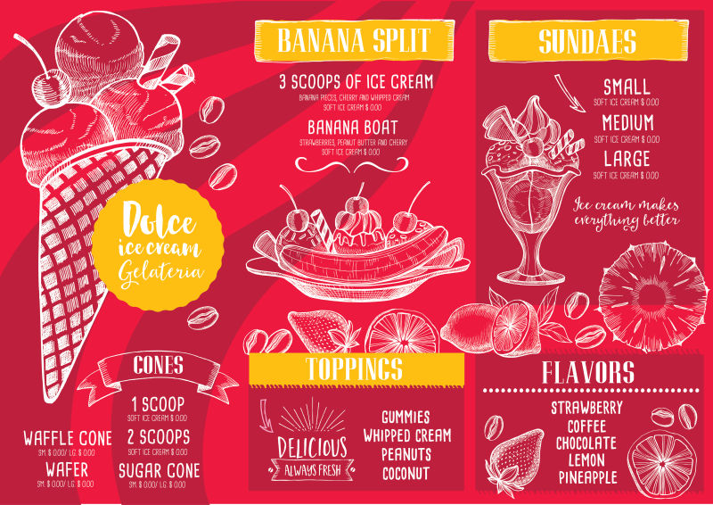 红色背景的矢量甜品菜单设计模板
