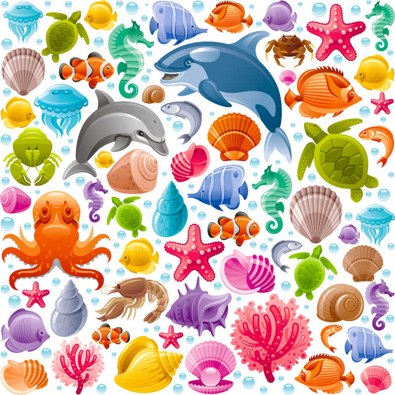 种类繁多的海洋生物矢量背景