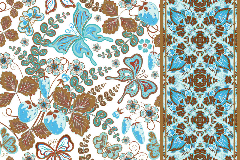 蓝色古典的带蝴蝶的花卉矢量背景插图