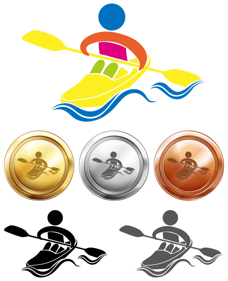 矢量单人皮划艇项目的图标和奖牌