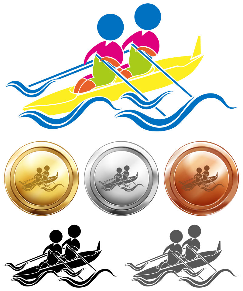 矢量双人皮划艇项目的图标和奖牌